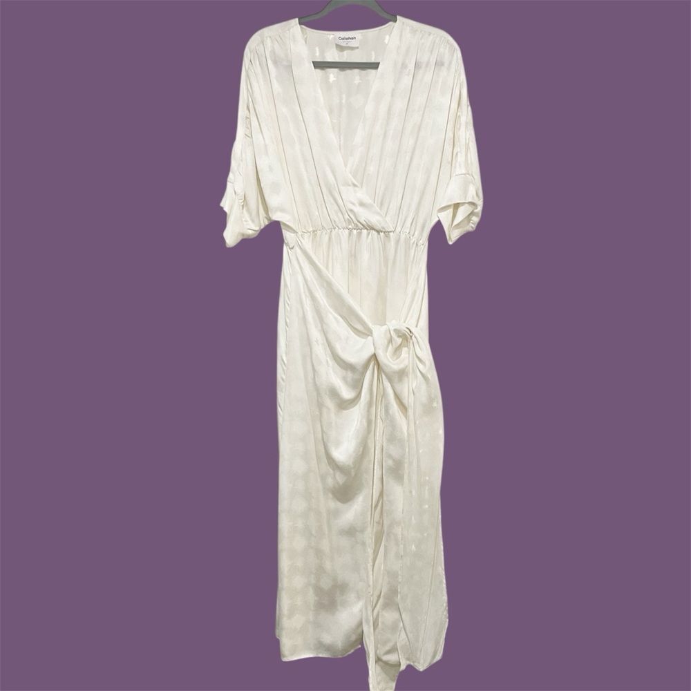 Callahan Sami Dress in Cream Satin Wrap Midi Elegant Minimalist Resort Chic M - Picture 2 of 13